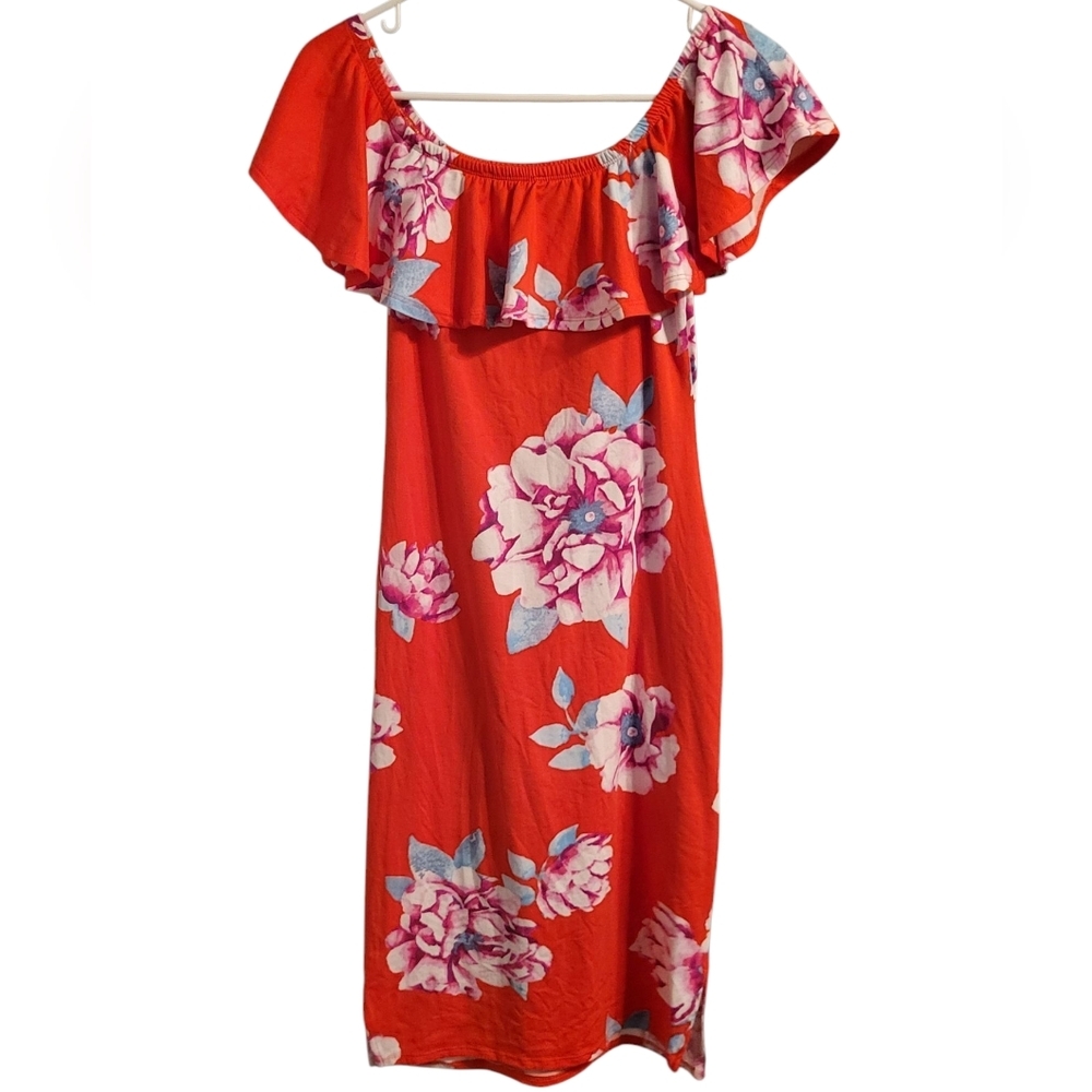 🩷 3/$15 Floral Red Dress w/Ruffle Sleeves, Off The Shoulder Wear Option, Medium